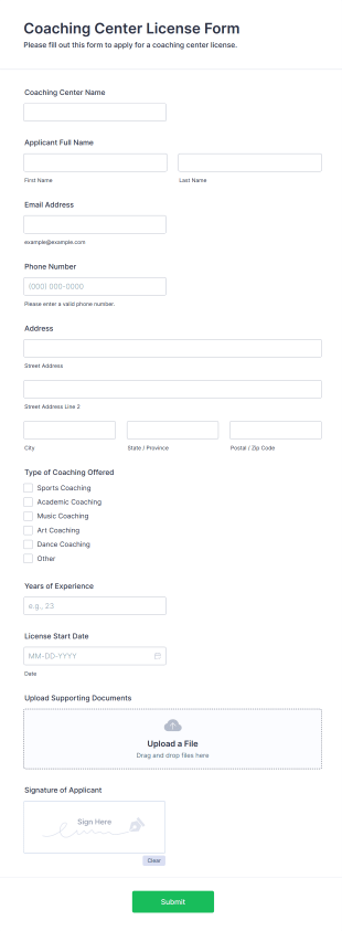 Coaching Center License Form Template