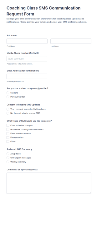 Coaching Class SMS Communication Request Form Template