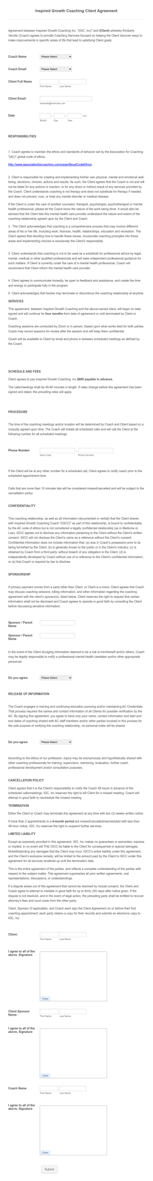 Coaching Client Agreement Form Template