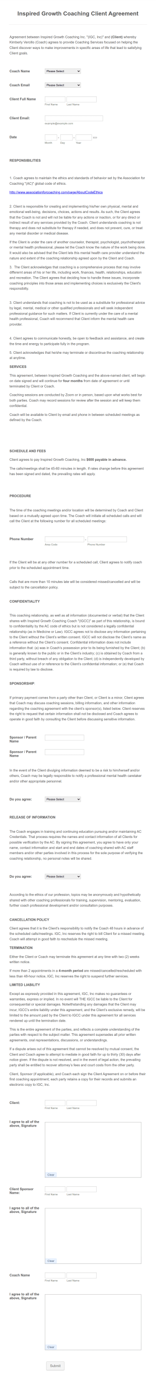 Coaching Client Agreement Form Template