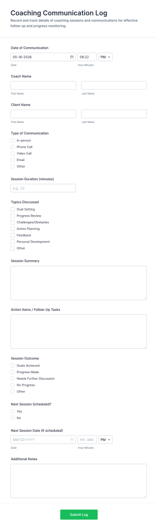 Coaching Communication Log Form Template