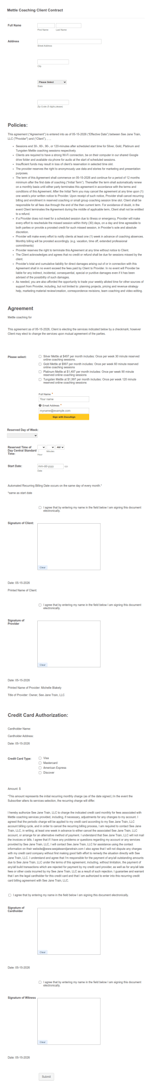 Coaching Contract Form Template