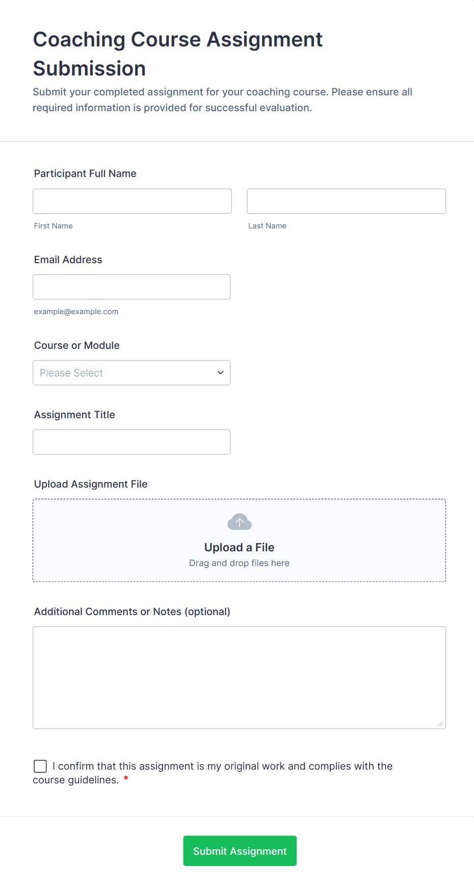 Coaching Course Assignment Submission Form Template | Jotform