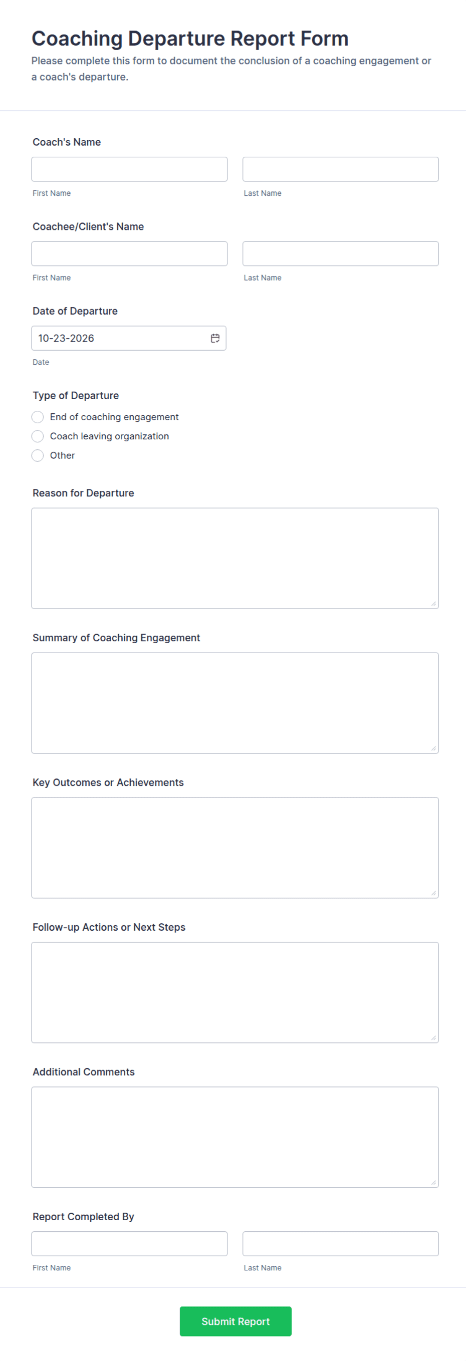 Mircrosoft Forms Report Examples Coaching Departure Report Form Template | Jotform
