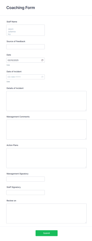 Coaching Incident Report Form Template