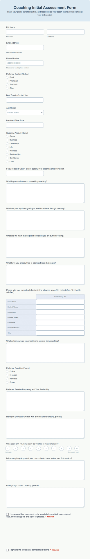 Coaching Initial Assessment Form Template