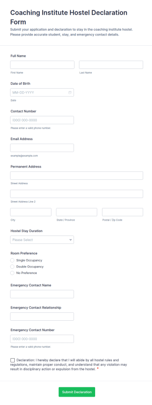 Coaching Institute Hostel Declaration Form Template