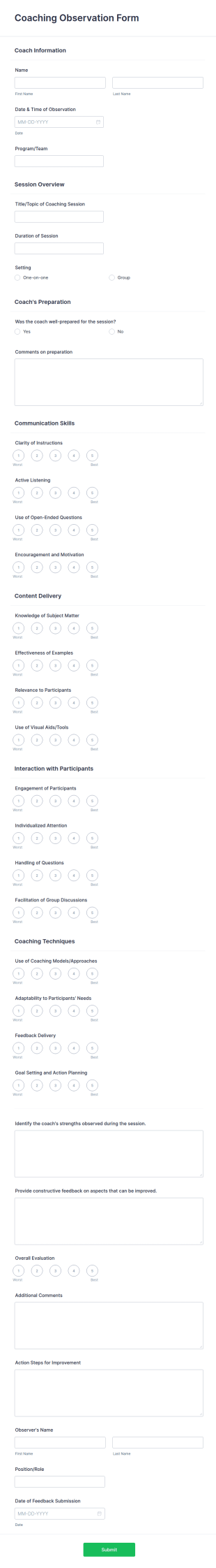 Coaching Observation Form Template