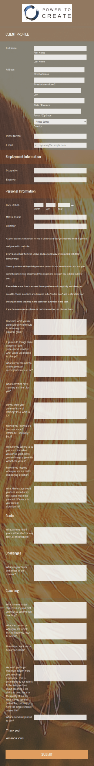 Coaching Questionnaire AmandaV Form Template