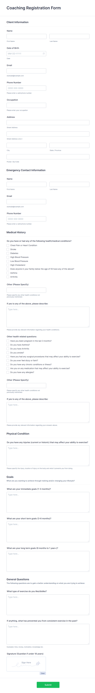 Coaching Registration Form Template