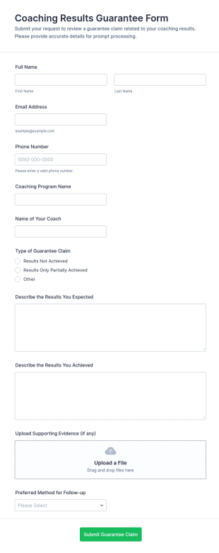 Coaching Results Guarantee Form Template