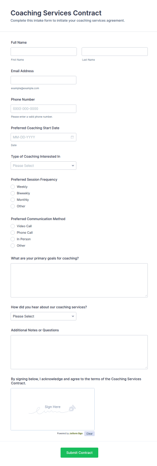 Coaching Services Contract Form Template