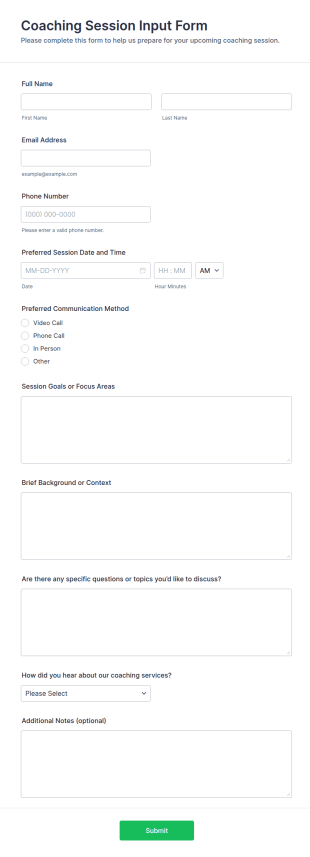 Coaching Session Input Form Template