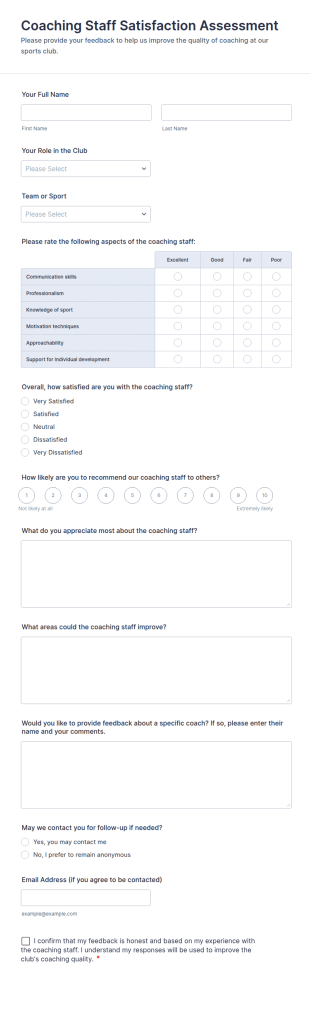 Coaching Staff Satisfaction Assessment Form Template