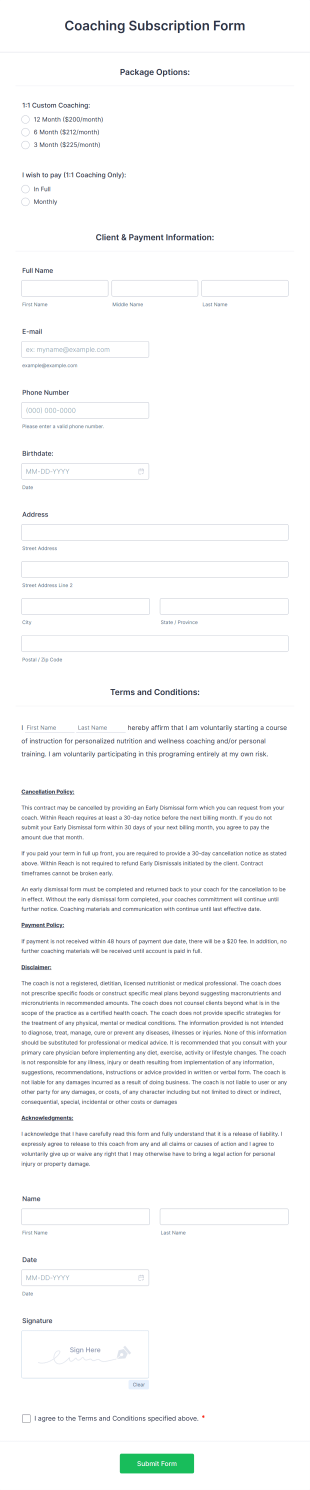 Coaching Subscription Form Template