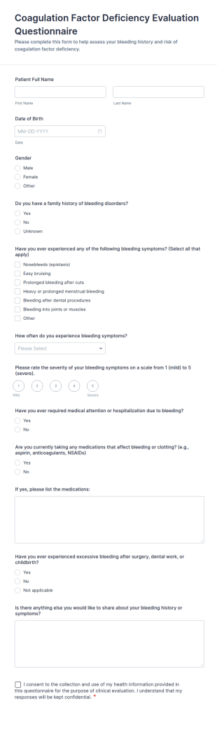 Coagulation Factor Deficiency Evaluation Questionnaire Form Template