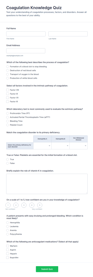 Coagulation Knowledge Quiz Form Template