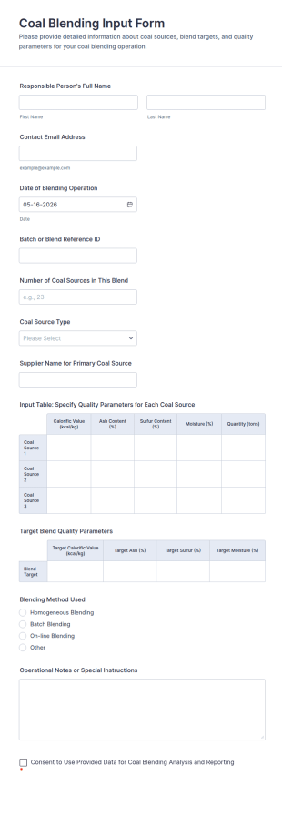Coal Blending Input Form Template