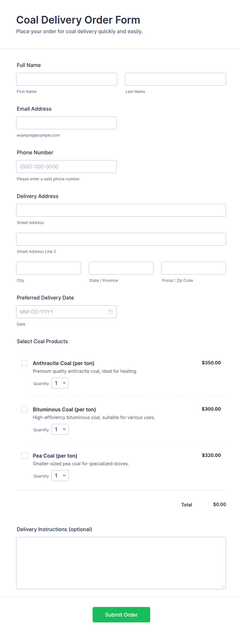 Coal Delivery Order Form Template | Jotform