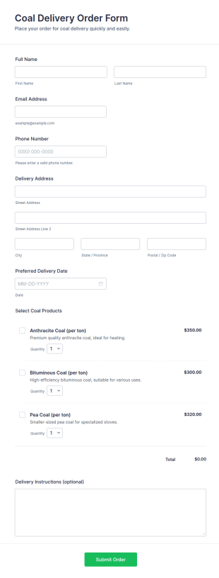 Coal Delivery Order Form Template