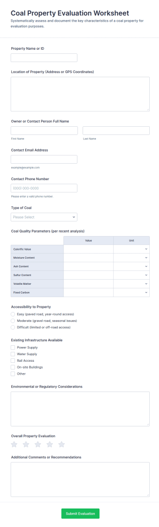 Coal Property Evaluation Worksheet Form Template
