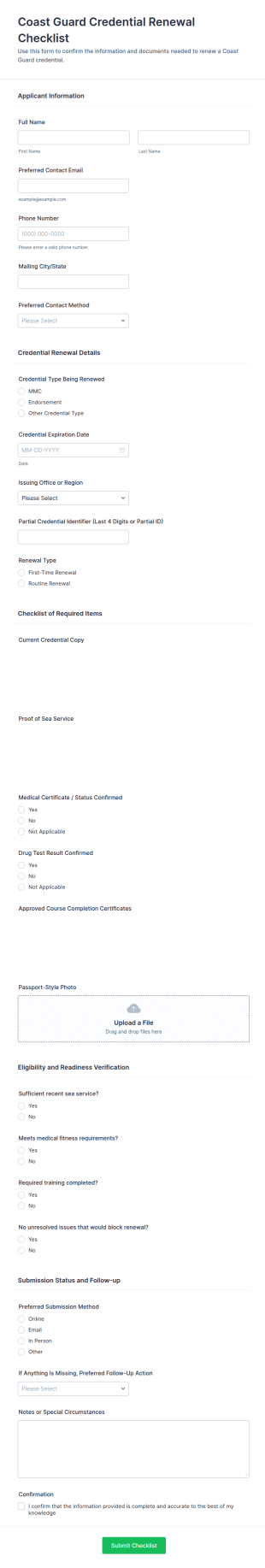 Coast Guard Credential Renewal Checklist Form Template