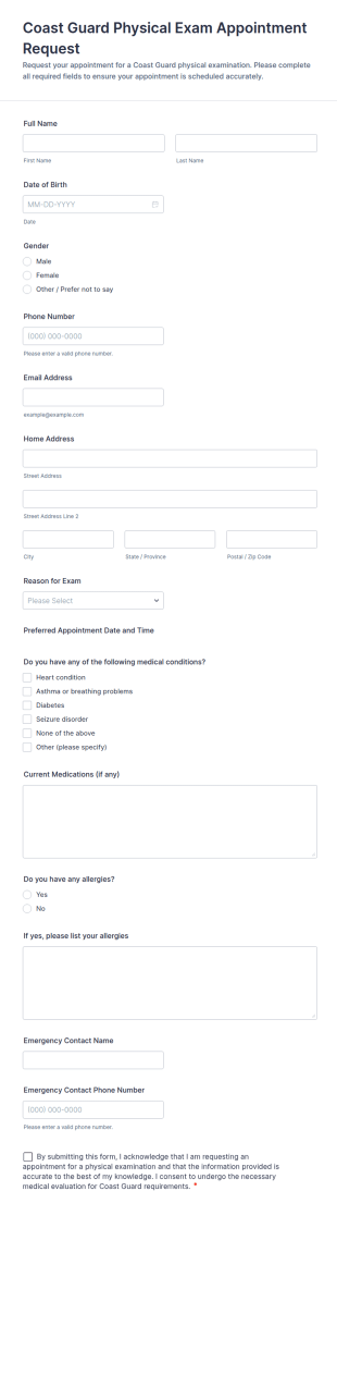 Coast Guard Physical Exam Appointment Request Form Template