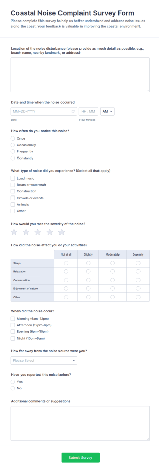 Coastal Noise Complaint Survey Form Template