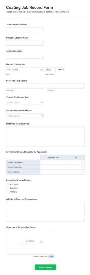 Coating Job Record Form Template