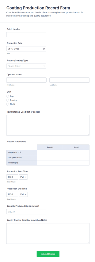Coating Production Record Form Template