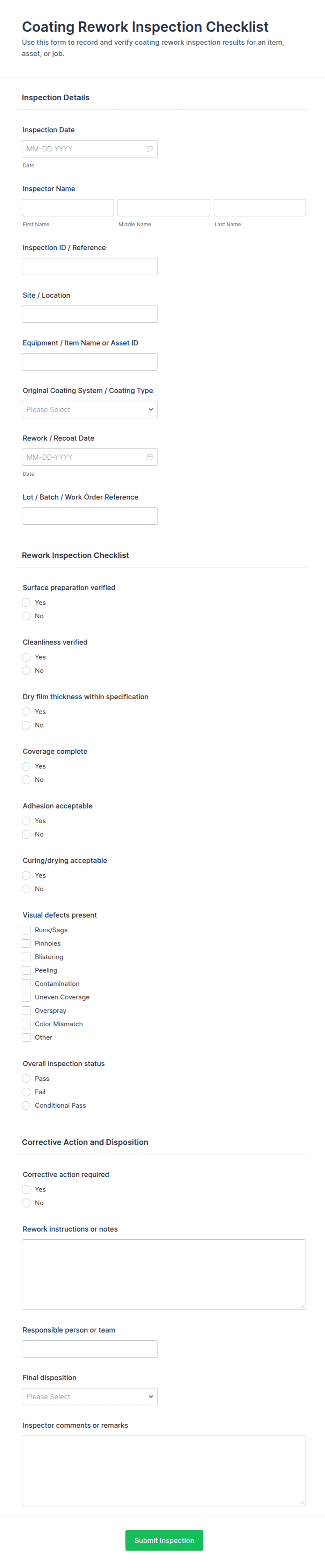 De Stuffing Rework Form Coating Rework Inspection Checklist Form Template | Jotform