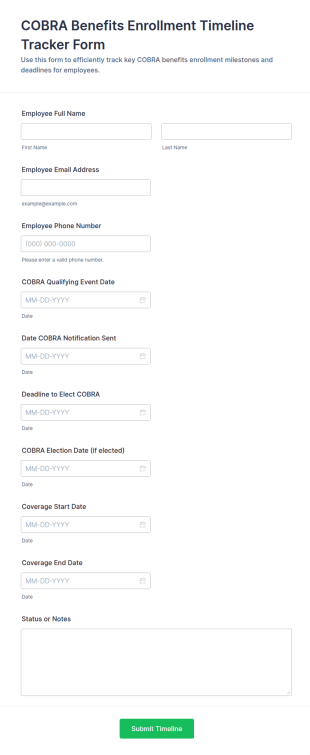 COBRA Benefits Enrollment Timeline Tracker Form Template