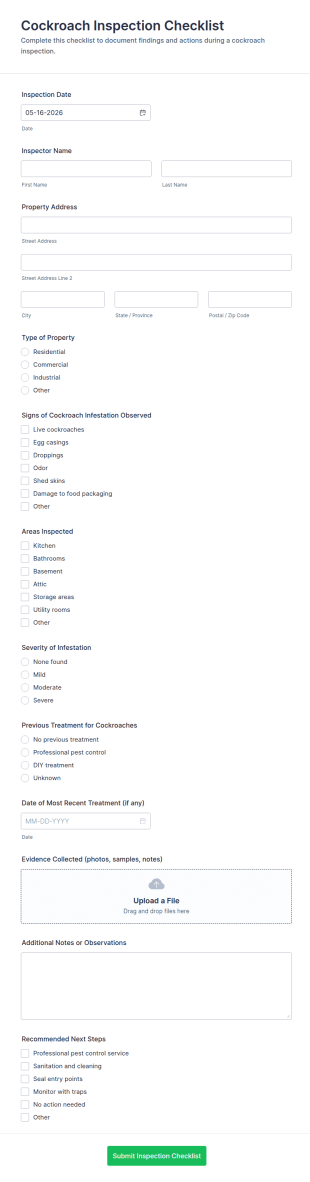Cockroach Inspection Checklist Form Template