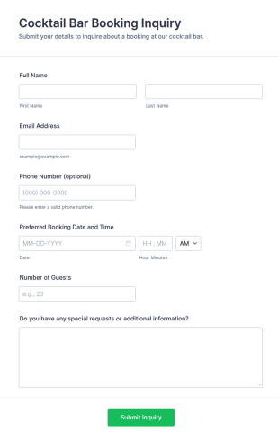 Cocktail Bar Booking Inquiry Form Template
