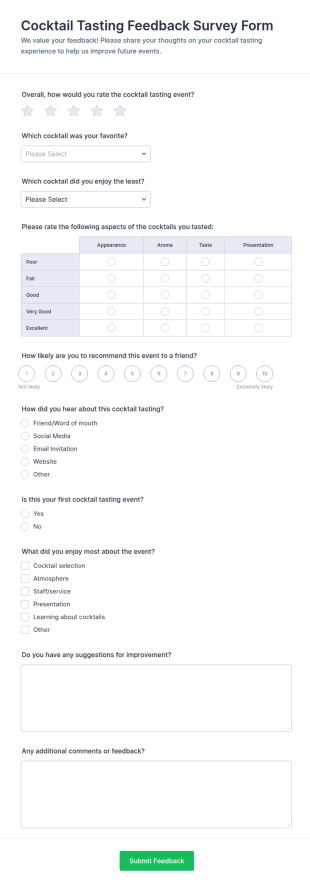 Cocktail Tasting Feedback Survey Form Template