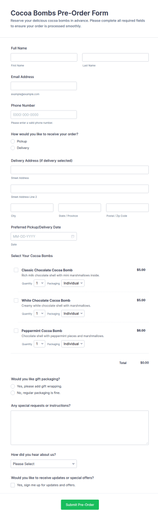 Cocoa Bombs Pre Order Form Template