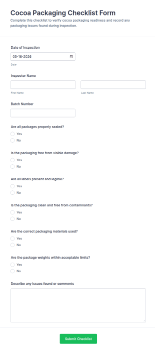 Cocoa Packaging Checklist Form Template