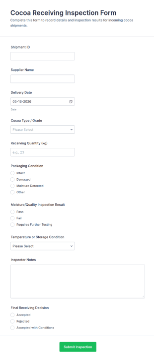 Cocoa Receiving Inspection Form Template