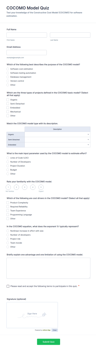 COCOMO Model Quiz Form Template
