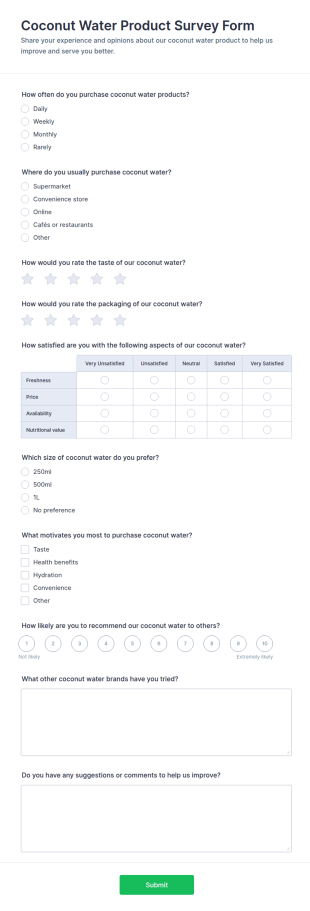 Coconut Water Product Survey Form Template
