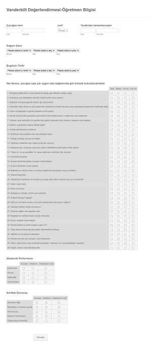 Çocuğun Davranış Değerlendirme Formu Öğretmen Bilgilendirici Form Şablonu