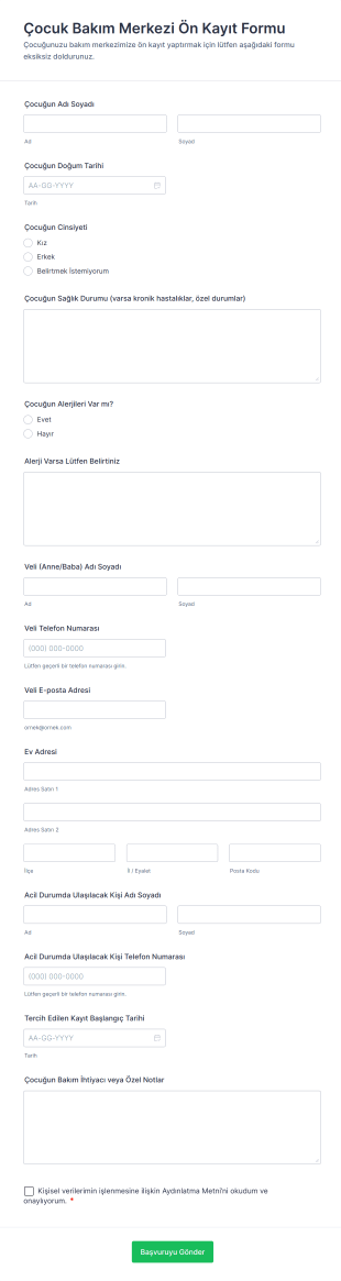 Çocuk Bakım Merkezi Ön Kayıt Form Şablonu