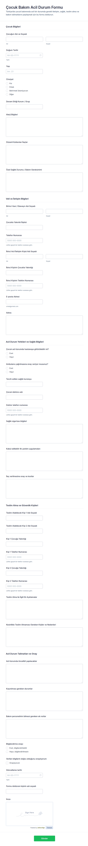 Çocuk Bakımı Acil Durum Form Şablonu