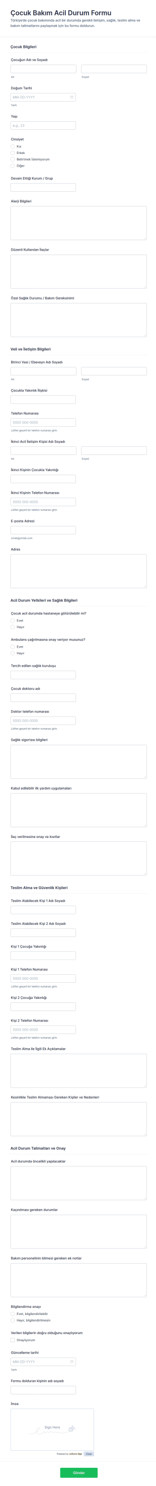 Çocuk Bakımı Acil Durum Form Şablonu