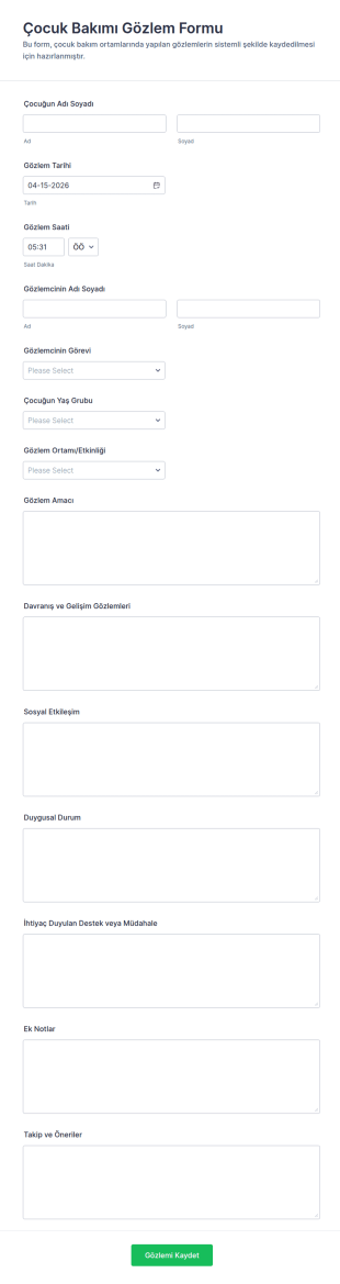 Çocuk Bakımı Gözlem Form Şablonu