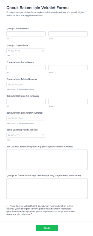 Çocuk Bakımı İçin Vekalet Form Template