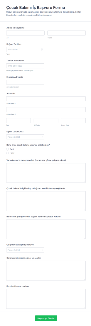 Çocuk Bakımı İş Başvuru Form Şablonu