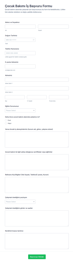 Çocuk Bakımı İş Başvuru Form Şablonu