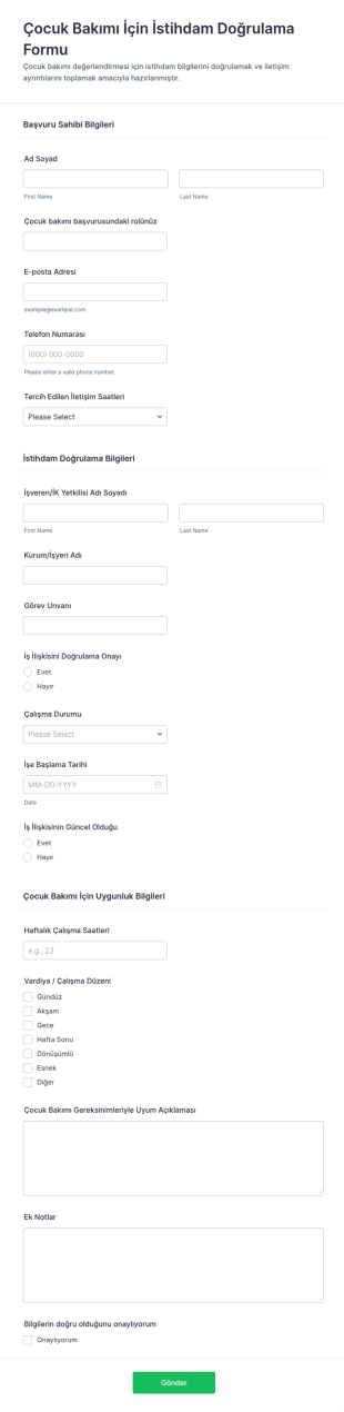 Çocuk Bakımı İşe Alım Doğrulama Form Şablonu