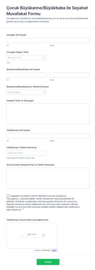 Çocuk Büyükanne/Büyükbaba Ile Seyahat Muvafakat Form Şablonu